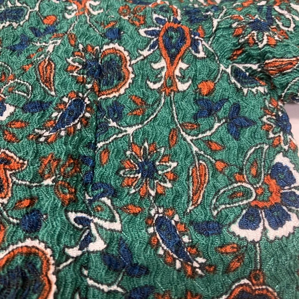 LOFT Women XL Green Floral Paisley Puff Sleeve Boat Neck Blouse Texture Top NWOT